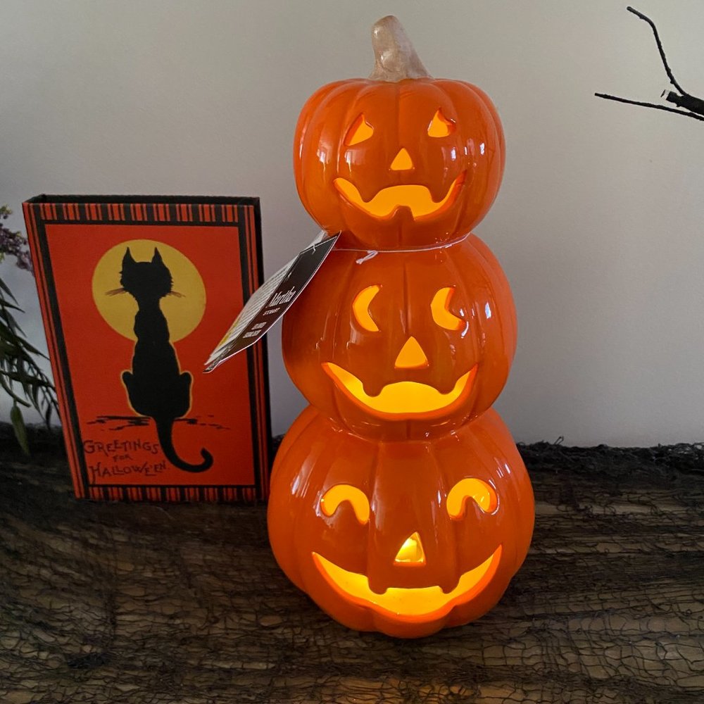Halloween Led LIGHTS UP Ceramic Stacked Jack O Lantern Figure Super Cute New 12"